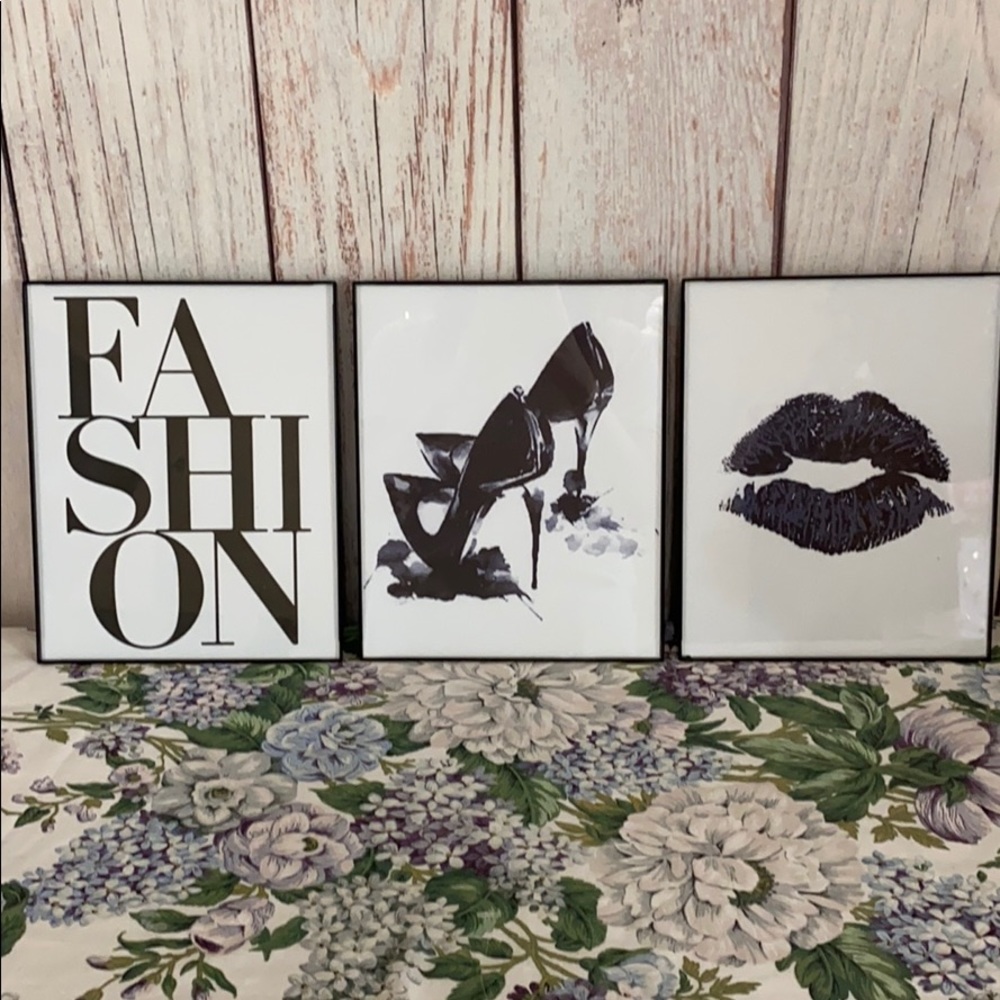 Three 8”x10” glass/black framed fashion decor!
